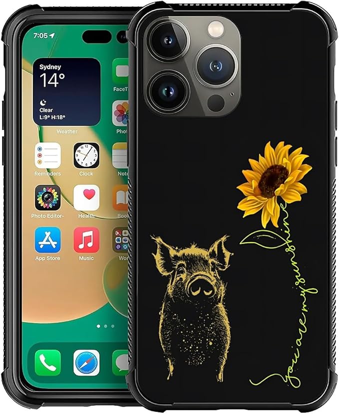 for iPhone 14 Pro Case, Pig Sunflower Yellow Sunshine Pattern Graphic Design by FKBRCL4U