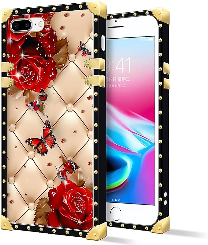 Compatible with iPhone 8 Plus 7 Plus Case, Shining Red Rose Butterfly Leather - Image 2