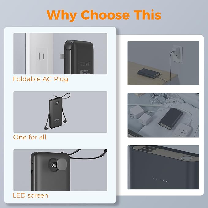 TESSAN Portable Charger with Built in Cables, 10000mAh Power Bank Fast Charging - Image 3
