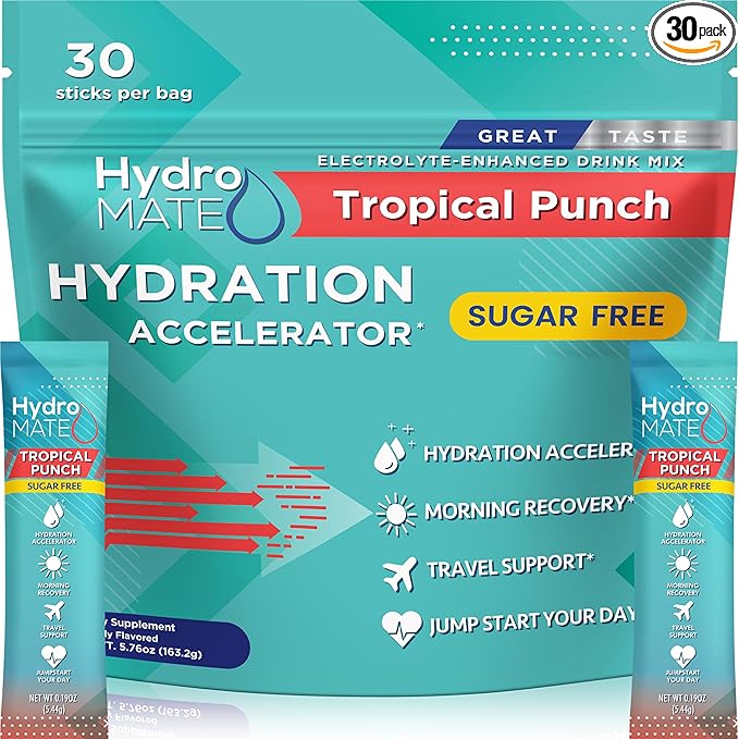 Electrolyte Powder Sugar-Free Hydration Packets Tropical Punch HydroMATE 30 by HydroMATE