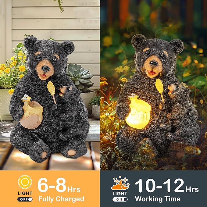 GIGALUMI Solar Garden Statues Bears 9", Loving Black Bear Decor, Yard - Image 5