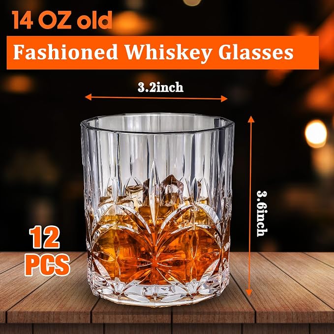 12 Sets Plastic Whiskey Glasses 14 oz Unbreakable Whiskey Drinking Glasses Old - Image 2