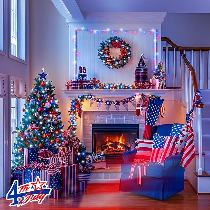 JMEXSUSS 2 Pack Red White and Blue Lights Outdoor, 33ft 100 LED 4th of July - Image 4