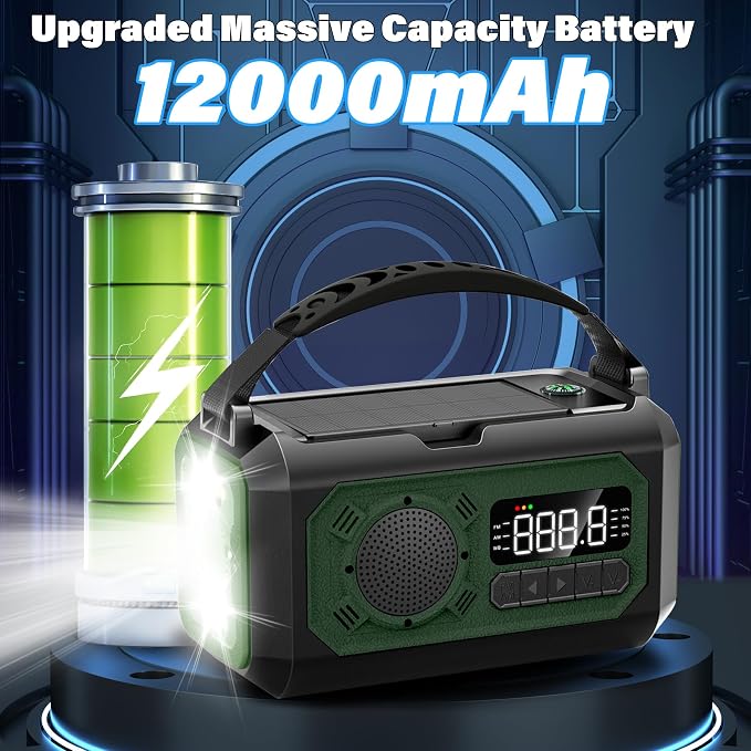 12000mAh Emergency Weather Radio, Hand Crank Solar Radio Portable AM/FM/NOAA - Image 3
