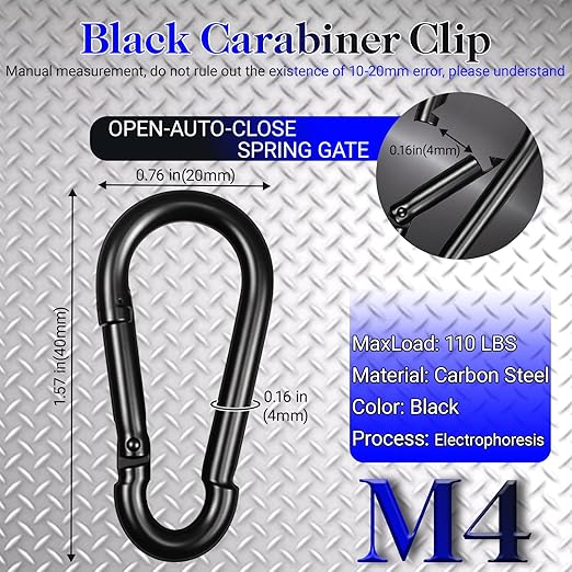 100 Pack 1.57" Heavy Duty Carabiner Clips, M4 Black Galvanized Steel Spring - Image 2