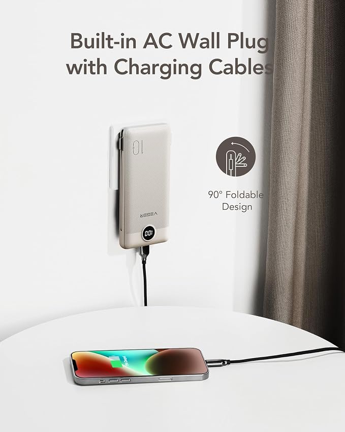 VEGER Portable Charger with Built-in AC Plug and Cables, All in One 10000mAh - Image 3