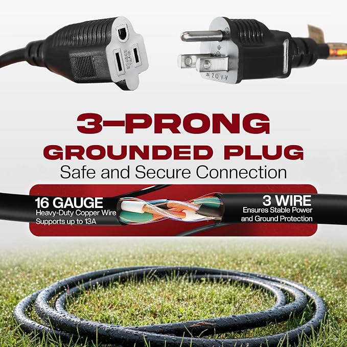 10ft Black Extension Cord, 16/3 SJTW Heavy-Duty, Weather-Resistant Power Strip - Image 8
