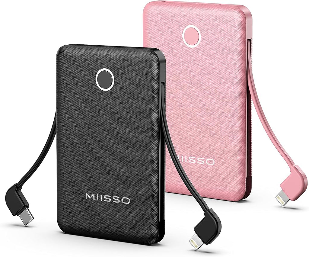6000mah Ultra Slim Built in Cables Power Bank, Card Size Built in USB C Cords by MIISSO