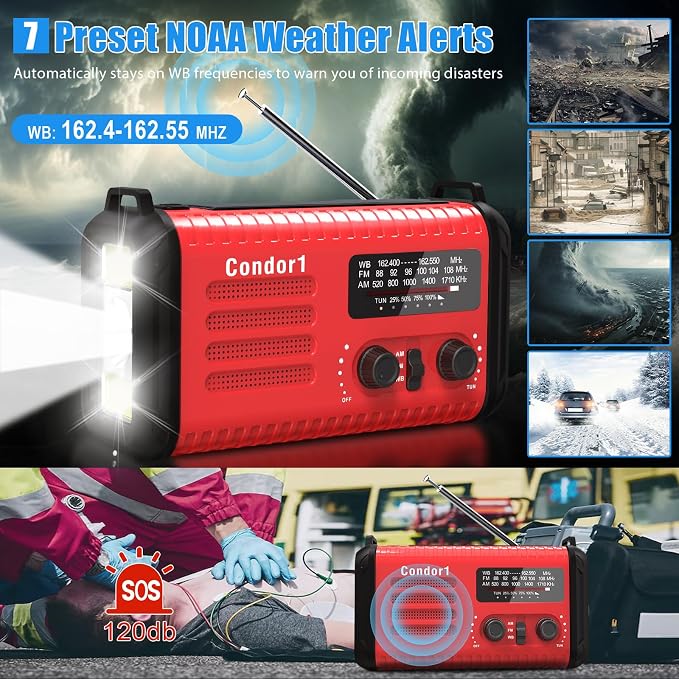 20000mAh Emergency Weather Radio, Solar Hand Crank Portable AM/FM/NOAA Radio - Image 3