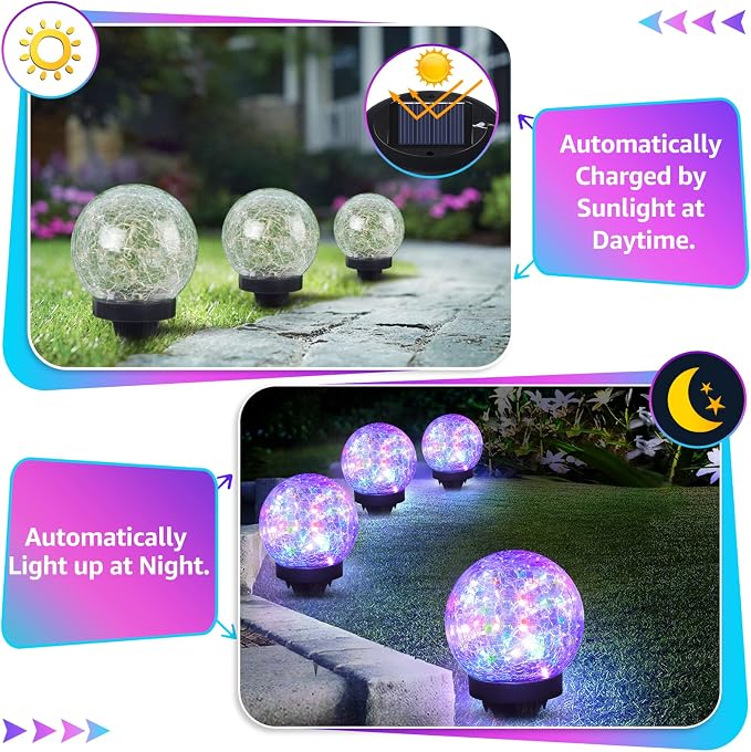 ASOMST 2-Pack Garden Solar Lights Outdoor, Colored Cracked Glass Ball Light - Image 4