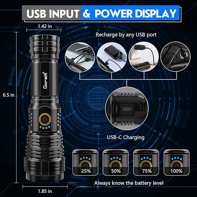 Flashlights LED High Lumens Rechargeable, Goreit 20, 000 Lumens XHP70.2 Super - Image 3