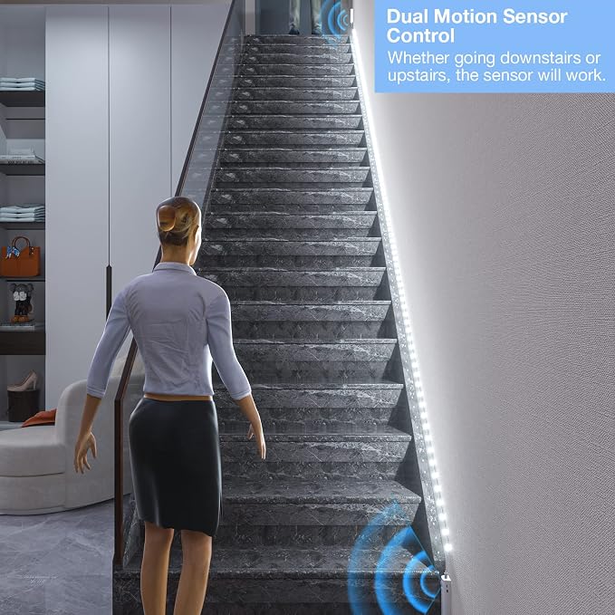 WOBANE Dual Motion Sensor Stair Lights Strip, Rechargeable 16.4ft LED Strip - Image 2