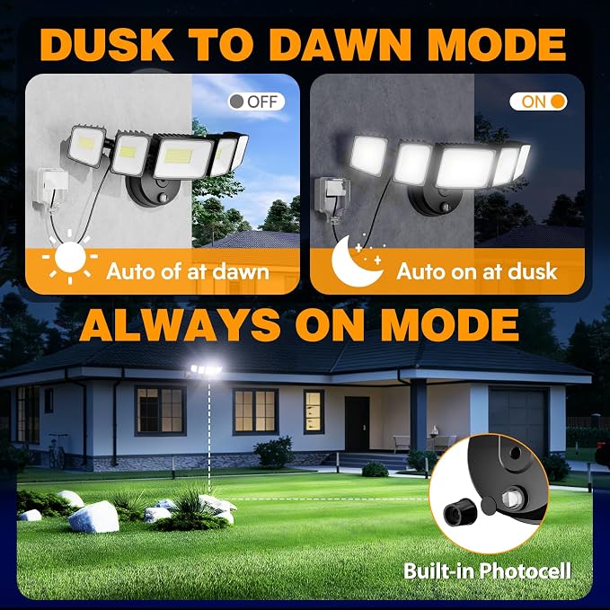 Onforu 150W 15000LM Dusk to Dawn Outdoor Lighting, 5 Heads Plug in Flood Lights - Image 3