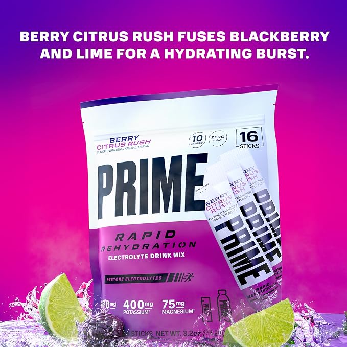 PRIME Rapid Rehydration Electrolyte Powder Sticks, Berry Citrus Rush, Sugar - Image 3