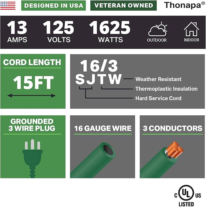 Thonapa Weatherproof Green Extension Cord 15 ft 3 Outlets, 16/3 SJTW Outdoor - Image 2