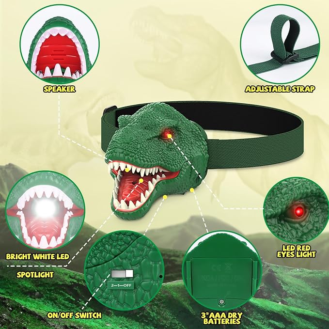 Nitigo Dinosaur Headlamp for Kids Flashlight Led Headlights Roar & Silent Mode - Image 2