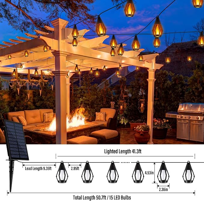 iBaycon Solar Flame Lights, 42Ft 15 LED Bulbs Flickering Flame String Light - Image 3