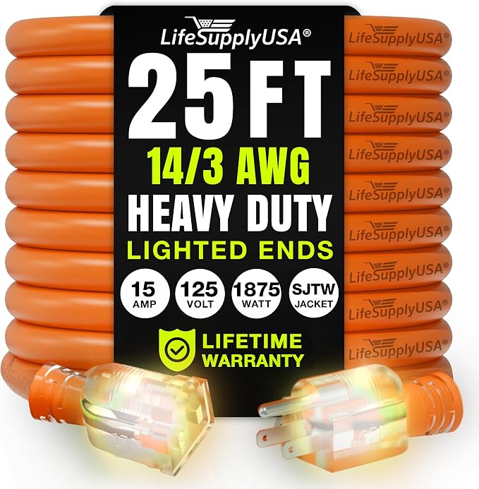 25ft Outdoor/Indoor Extension Cord 14/3 Gauge Heavy Duty 3 Prong SJTW, by LifeSupplyUSA