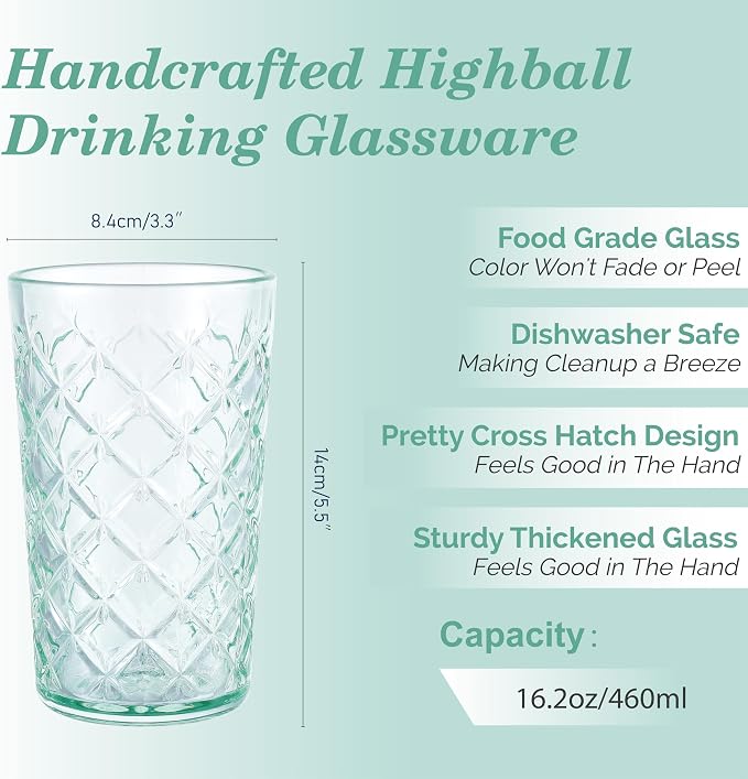 CREATIVELAND Drinking Highball Glasses Set of 4, Vintage Cross Hatch Glass Cups - Image 2