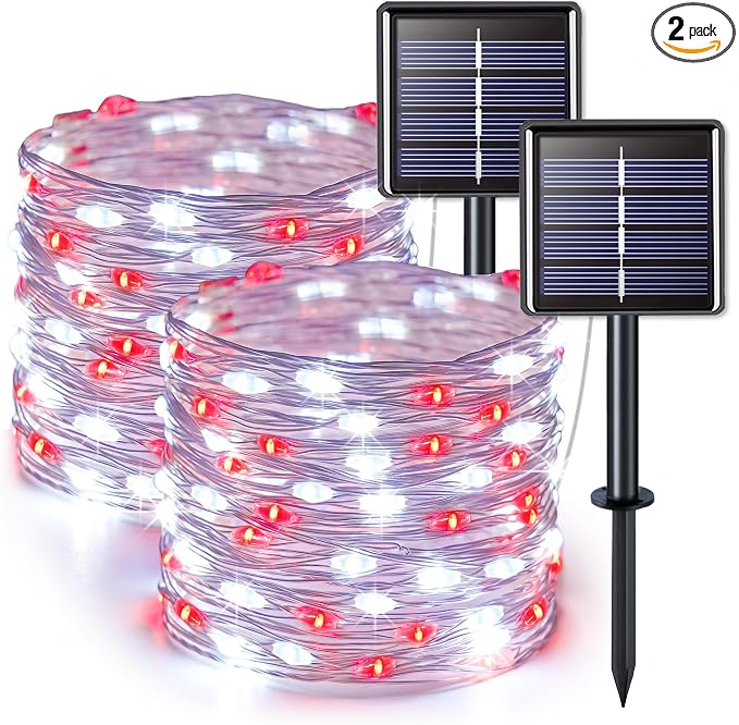 JMEXSUSS 2 Pack Red and White Solar Christmas Lights, Each 33FT 100 LED Solar by JMEXSUSS
