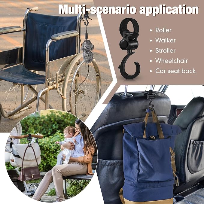 Taiyin 4 Pcs Walker Hook Hanging Multipurpose 360° Rotation Stroller Clip - Image 5