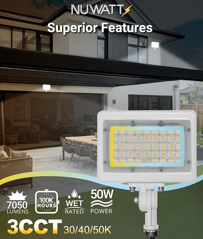 NUWATT 50W LED Flood Light, 3CCT 3000K/4000K/5000K Selectable, IP65 Waterproof - Image 4