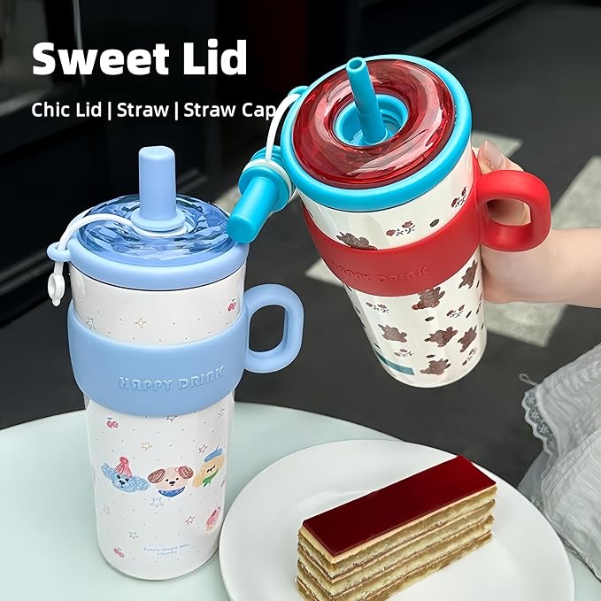 21oz Cute Bear Car Cup with Straw & Cap, Leak-Proof Portable Mug with Tea - Image 3