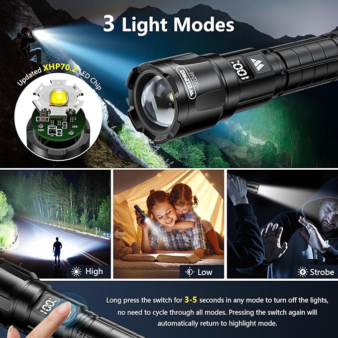 Wdtpro LED Rechargeable Flashlight 2Pack, 3Modes Super Bright High Lumens - Image 3
