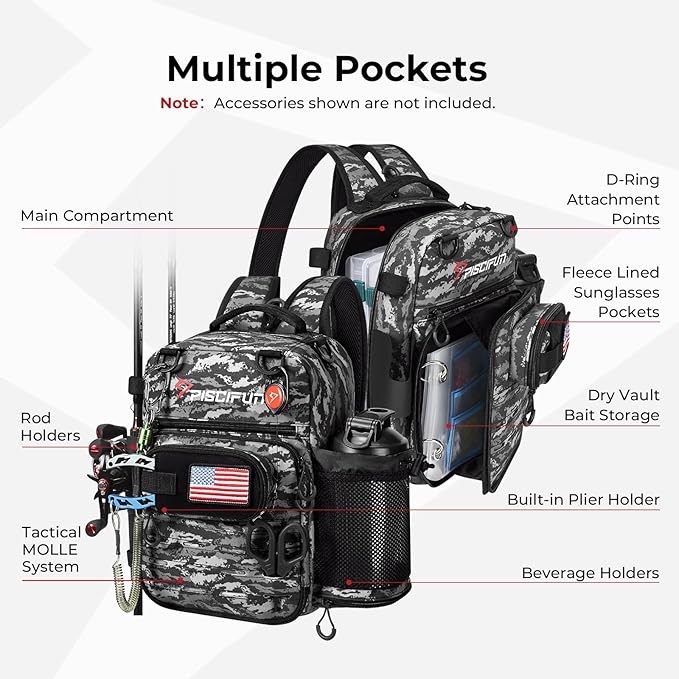 Piscifun Fishing Tackle Backpack, Convertible Sling or Waist Pack, 16-Pocket - Image 4