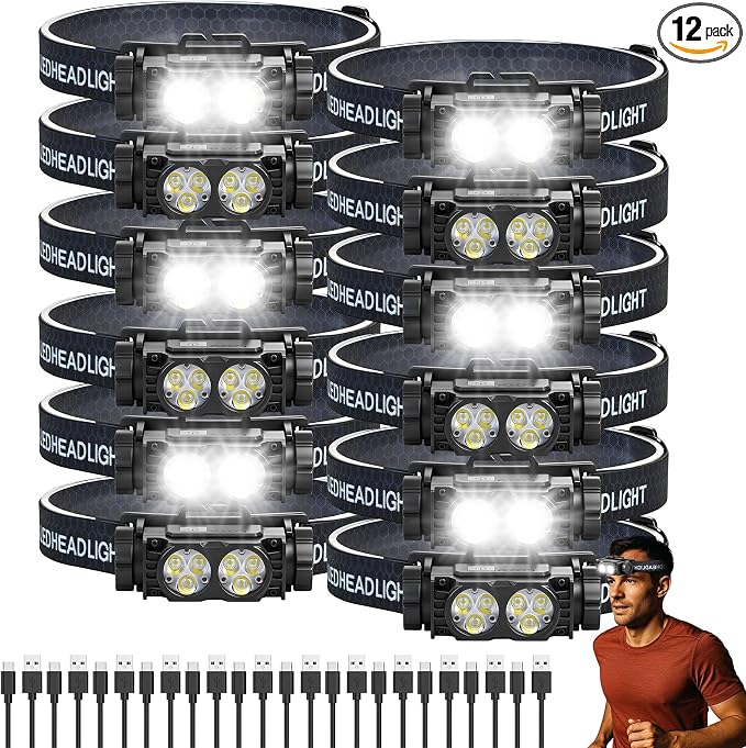 Bud K 12pack Headlamp Rechargeable, 5000L Super Bright Light LED Rechargeable by BUDK