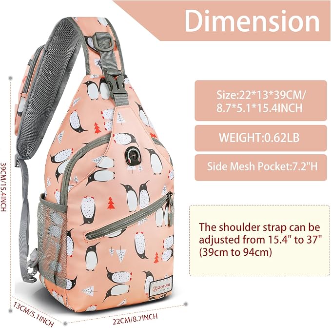 ZOMAKE Sling Bag, Penguin Pink, 5 Separate Compartments, Anti-Theft, Adjustable - Image 2