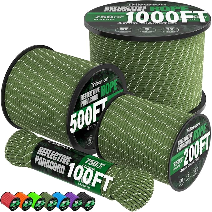 Reflective Paracord Rope 750 lb - 100ft 5/32" Parachute Cord 4MM 12-Strand para by Triberion