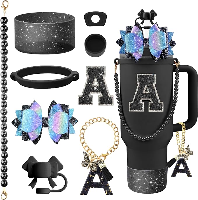 9PCS Black for Stanley Cup Accessories Set Bling Initials Bow Charms for by Unknown