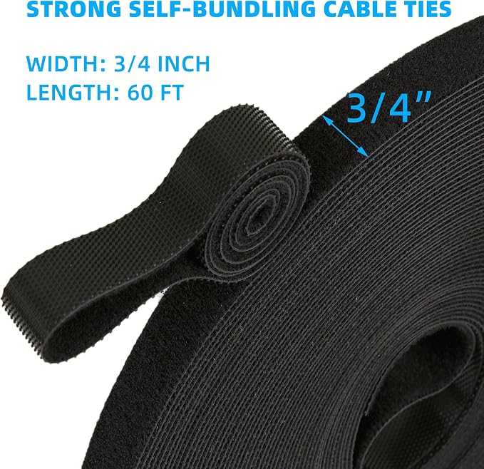 60 ft x 3/4 inch Hook and Loop Roll, Reusable Fastening Cable Ties, Office and - Image 2