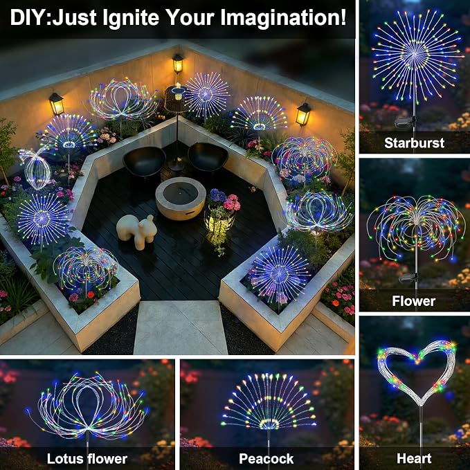 Solar Garden Lights Outdoor, 2 Pack 120 LED Twinkling Firework Lights Decorative - Image 4