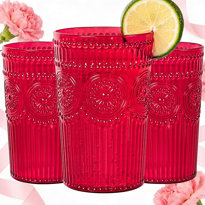 Ciaell 12 Pack Romantic Plastic Water Glasses - 14 Oz Red Vintage Drinking by Ciaell