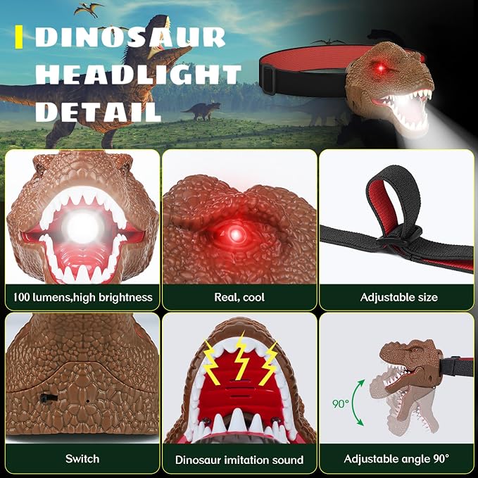 Dysaim Dinosaur Headlamp for Kids Head Lamp Outdoor Camping Essentials Gear - Image 4
