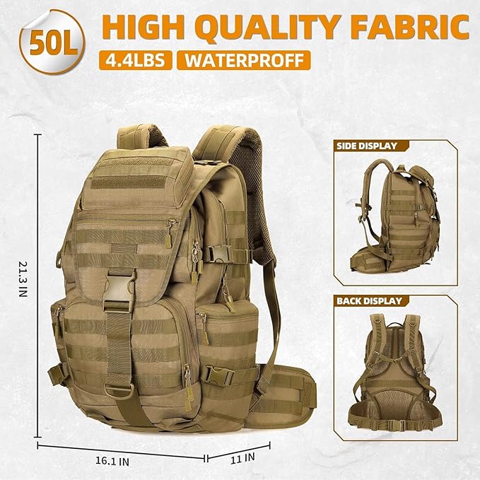 50L Military Tactical Backpack 3 Day Assault Pack Molle Daypack Hiking Backpack - Image 2
