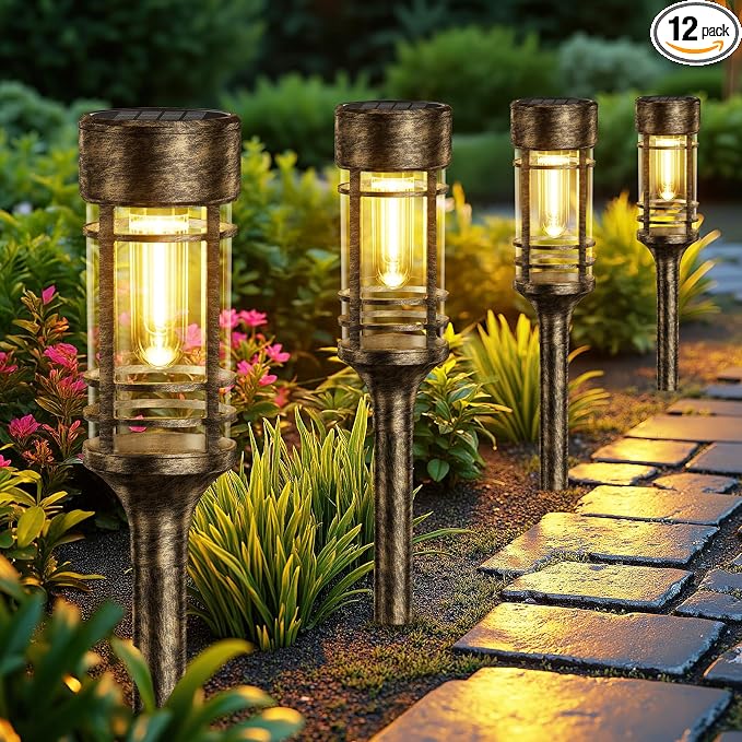 LETMY 12 Pack Brown Solar Pathway Lights Outdoor, Bright Solar Lights Outdoor by Letmy