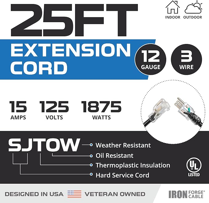 Iron Forge Cable 12 Gauge Outdoor Extension Cord 25 Ft, SJTOW 12/3 Heavy Duty - Image 2