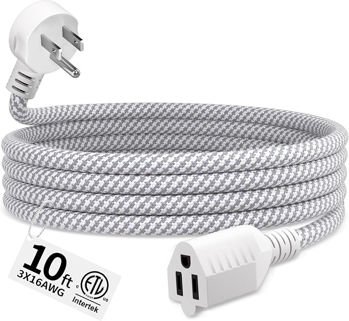 16 Gauge Braided Extension Cord 10 FT, 16/3 Flat Plug Power Cord Indoor by Seeklyze