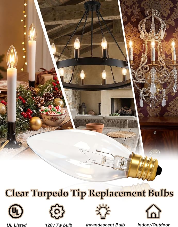 25 Pack Candle Light Bulbs, Crystal Clear Torpedo Tip Candelabra Replacement - Image 3