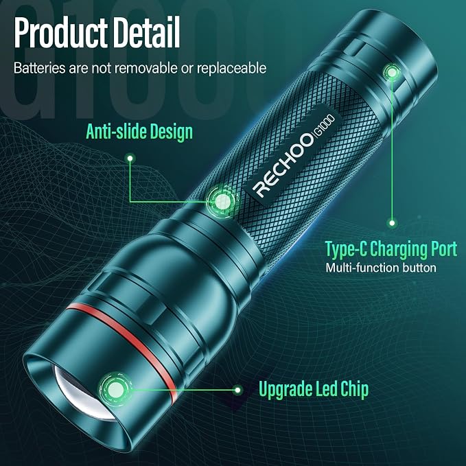 RECHOO Rechargeable Flashlight 1 Pack, Bright Military Grade Torch Light High - Image 4