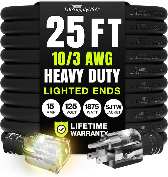 25ft Outdoor/Indoor Extension Cord 10/3 Gauge Ultra Heavy Duty 3 Prong SJTW by LifeSupplyUSA