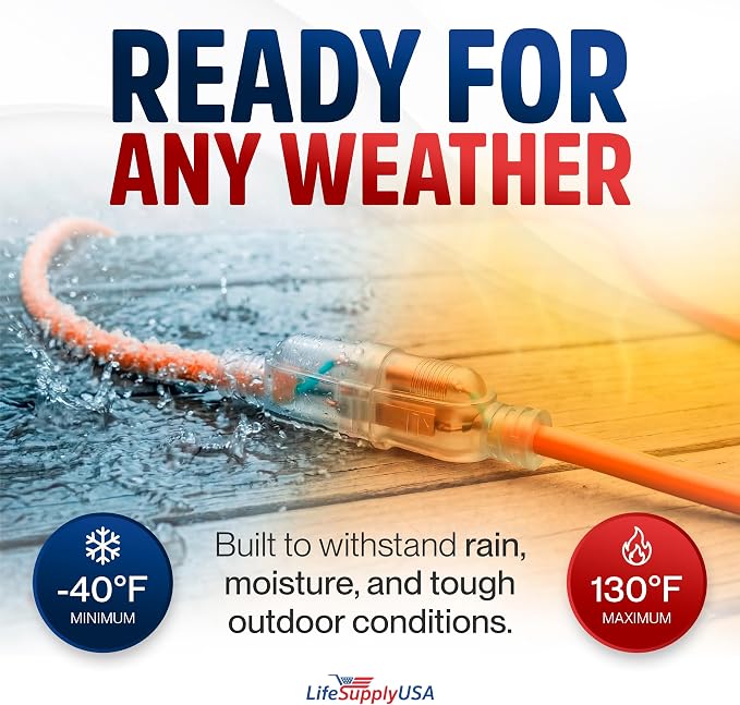 25ft Outdoor/Indoor Extension Cord 16/3 Gauge Heavy Duty 3 Prong SJTW, - Image 5