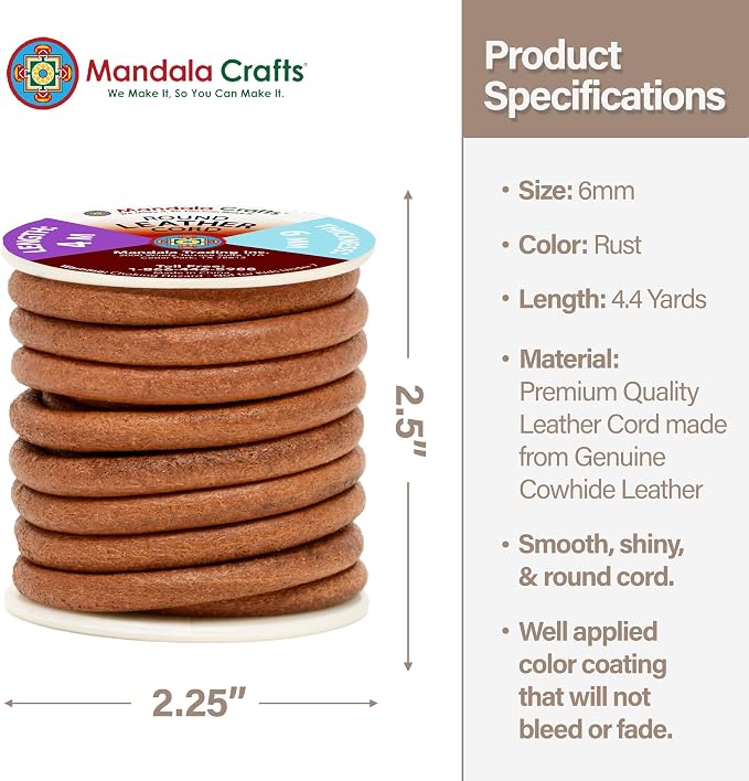Mandala Crafts Round Cowhide Genuine Rust Leather Cord - Image 4