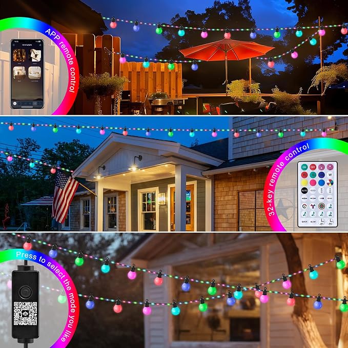 Smart Outdoor String Lights 65.6Ft, RGB IC Color Changing LED Patio Light IP67 - Image 4