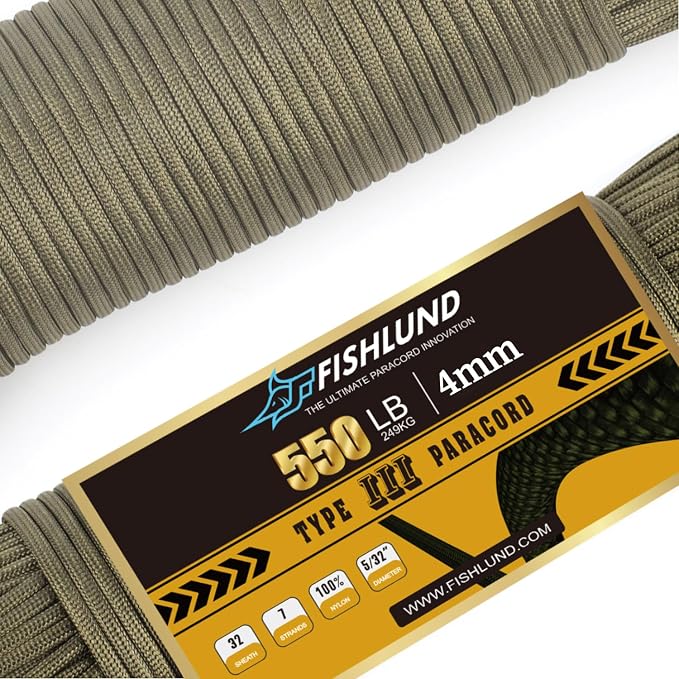 Paracord 550 lb, 7 Strand Paracord Rope 50ft 4mm, Nylon Parachute Cord by FISHLUND