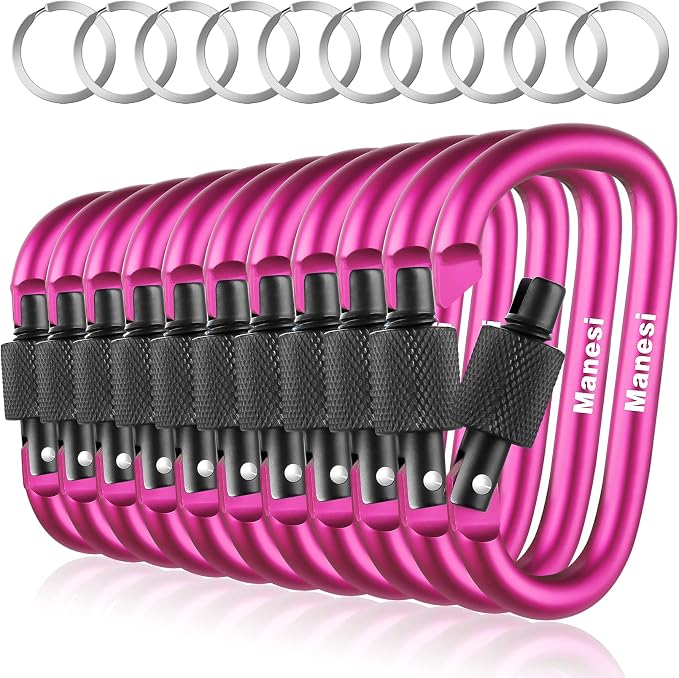 10 Pack Aluminum D Ring Key Rings Clips Locking Carabiner by Manesi