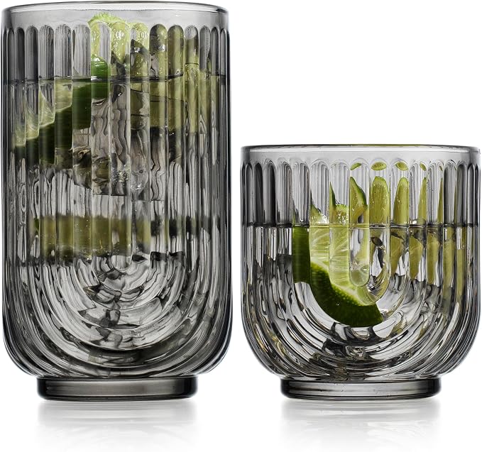 16 Piece Smoke Glassware Set, Art Deco Black Drinking Glasses, Ribbed U-Shape by Glavers